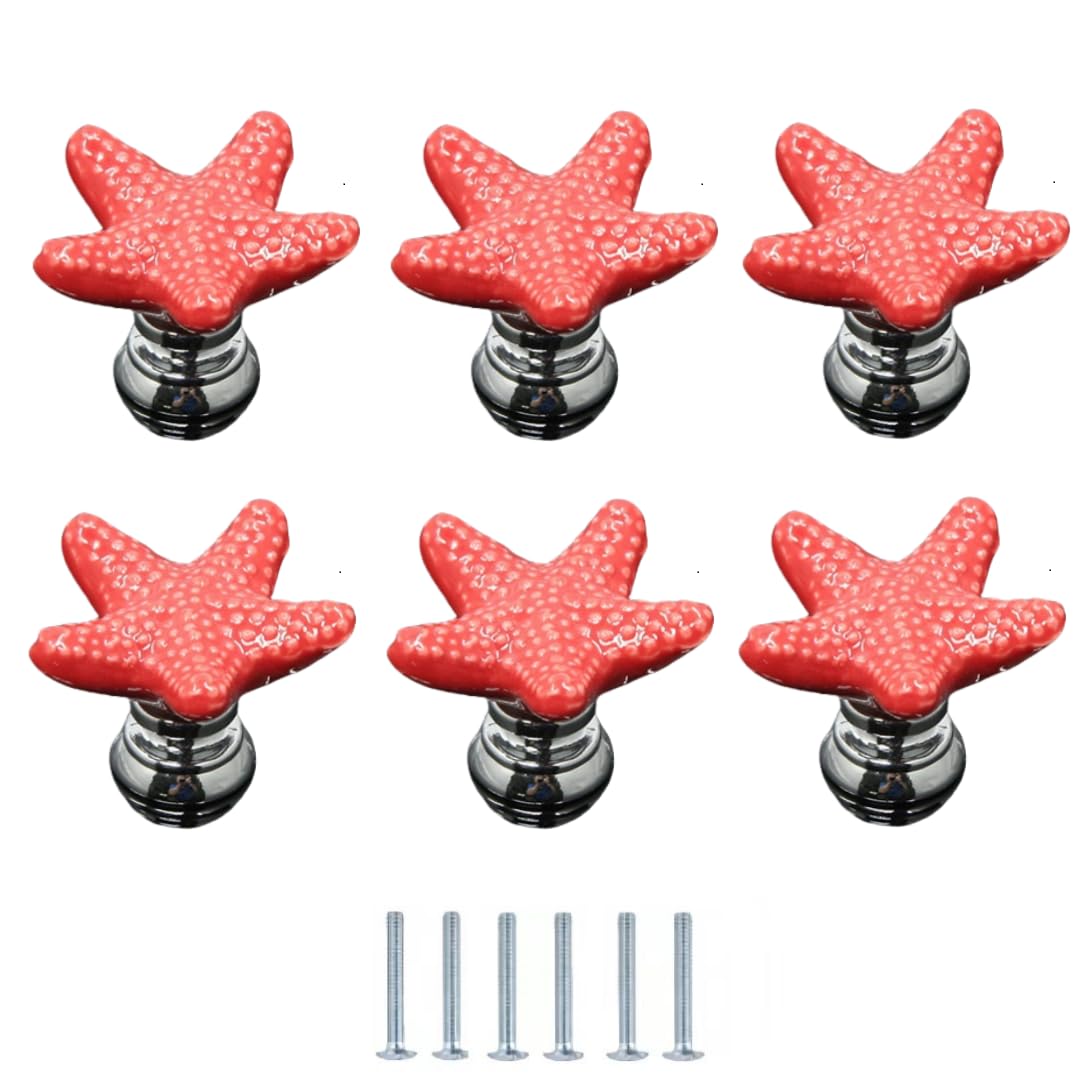 ENmrfvkz Ceramic Cupboard Drawer Handle Knobs, Ceramic Starfish Knobs for Cabinet Drawer Door, 6 Pcs, Multicolor, 34x24mm(Red)