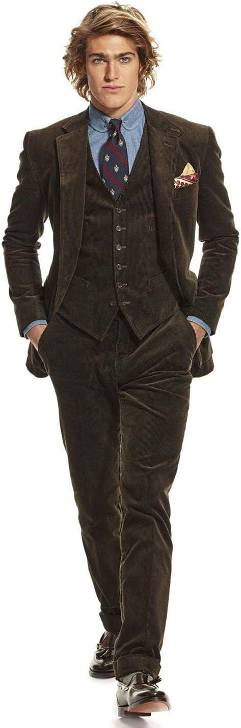 Mens Corduroy Dark Chocolate Brown 3 Pieces Slim Fit Party Prom Suit Tuxedo Jacket Vest Pant