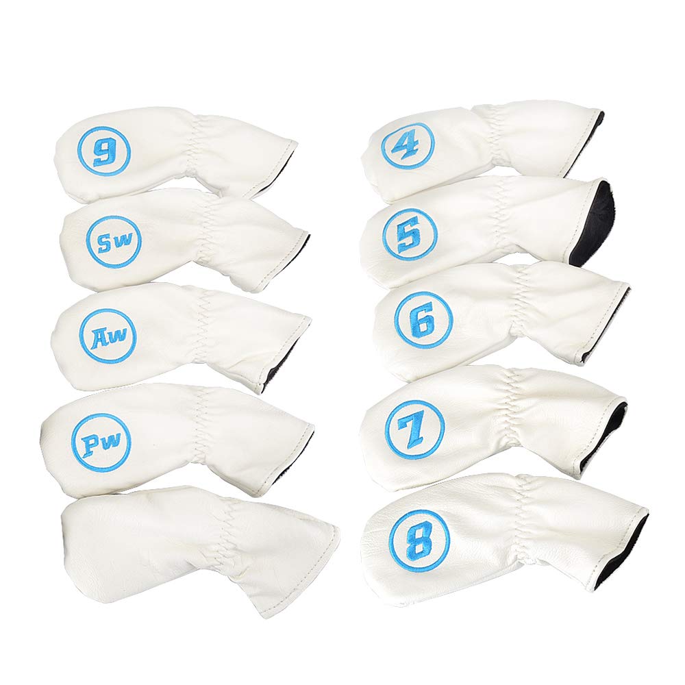 PLUSKER 9PCS/10PCS White Golf Club Iron Head Covers Set with Funny Puppy Pattern and Number Tags Synthetic Leather Headcovers for Male/Female Golfers white