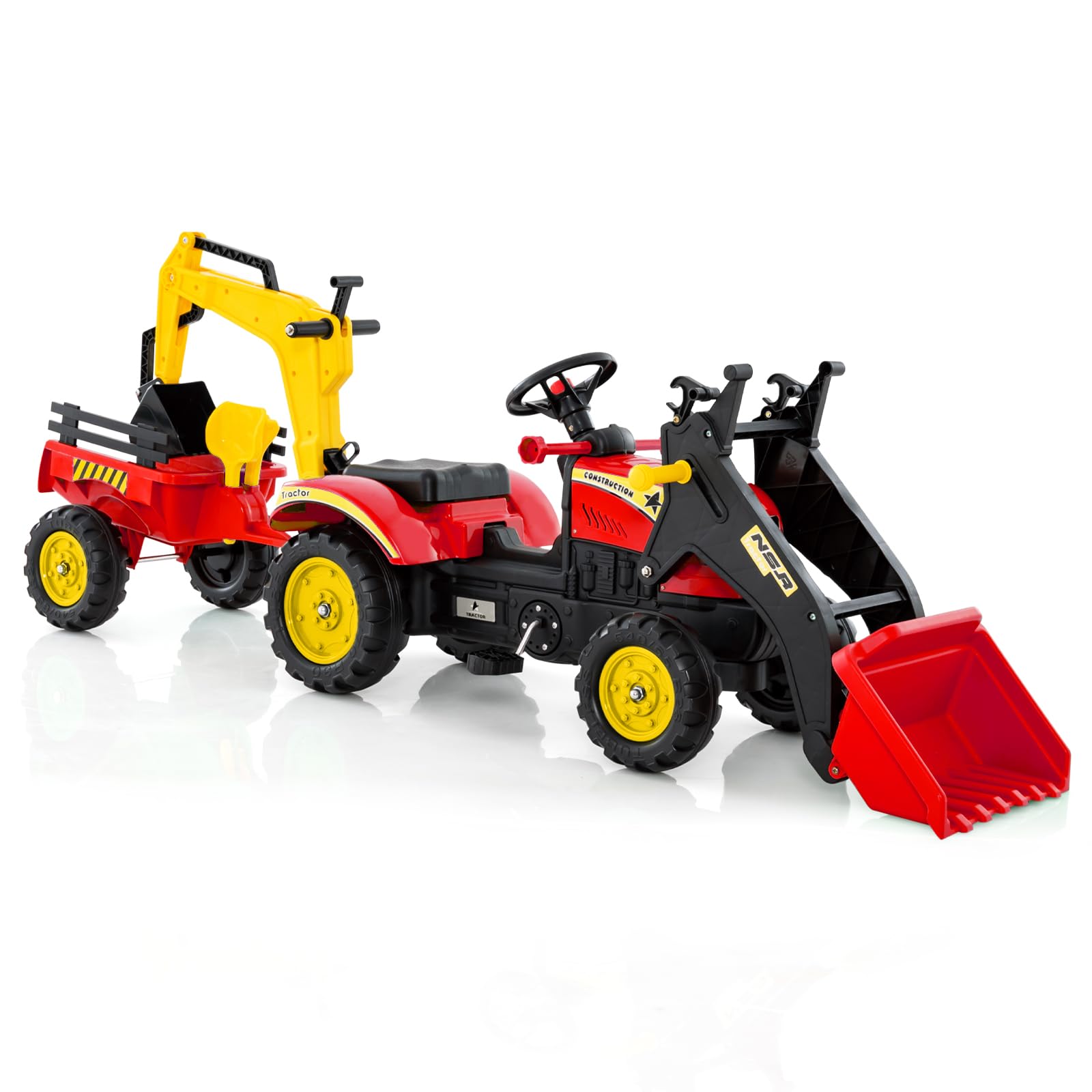 COSTWAY Tractor Pedales 3 en 1 para Niños, Topadora de Juguete con 6 Ruedas, Excavadora de Conducción con Pedales, Remolque de Carga Desmontable, Coche para Niños de 3 a 6 Años (Rojo)