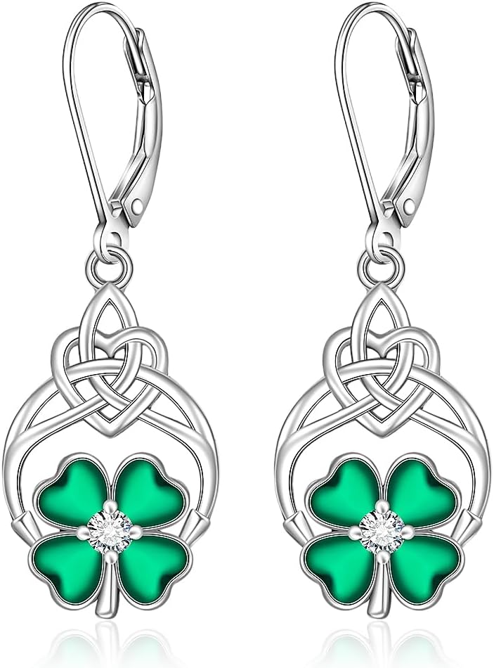 St Patricks Day Shamrock Earrings for Women-925 Sterling Silver-Irish Four Leaf Clover Earrings Celtic Lucky Green Shamrock Jewelry