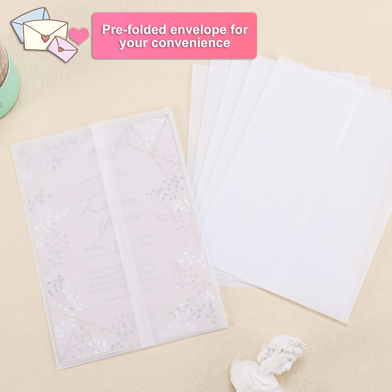 120 Pezzi Pergamena da Scrivere, 13x18cm Pre-Piegata Carta Velina per Inviti di Nozze, Compleanno e Baby Shower