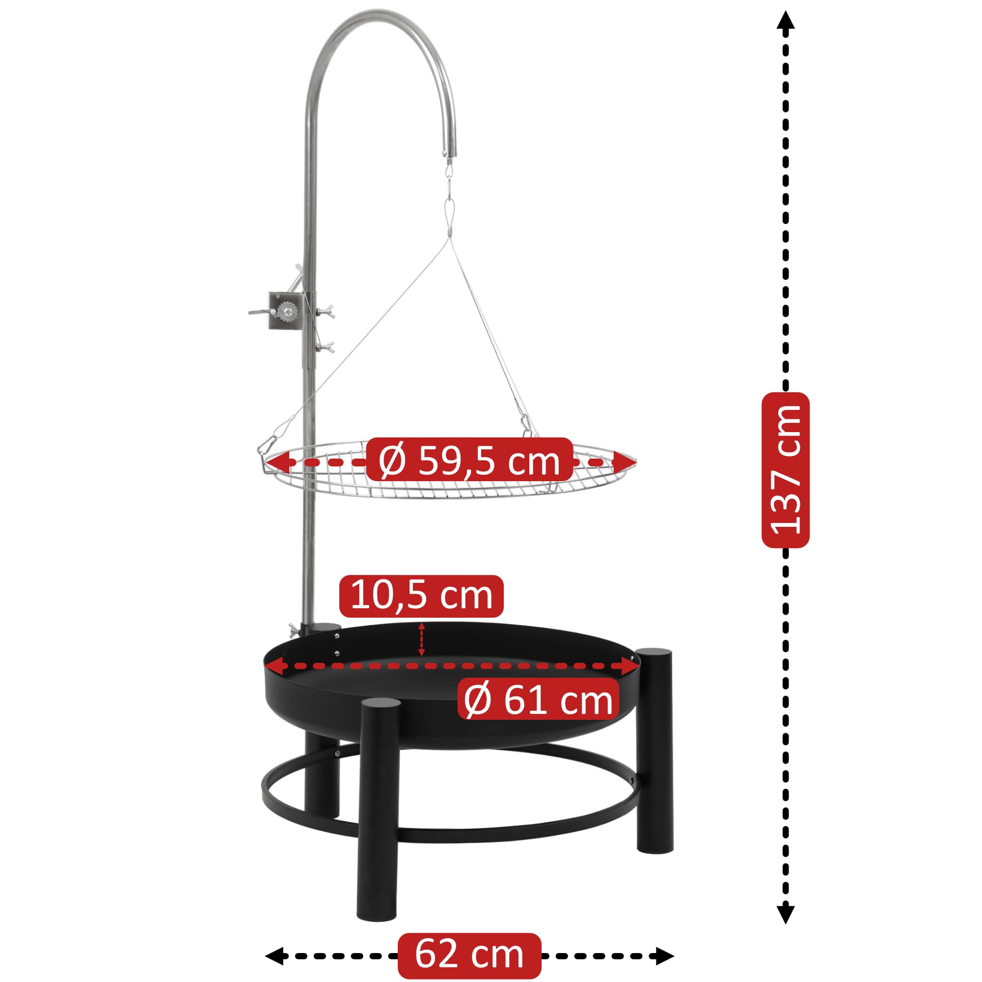 BBQ-Toro Barbecue girevole con braciere e griglia, diametro 61 cm, nero, barbecue a carbonella, barbecue e braciere con manovella, per giardino, terrazza, campeggio e esterni