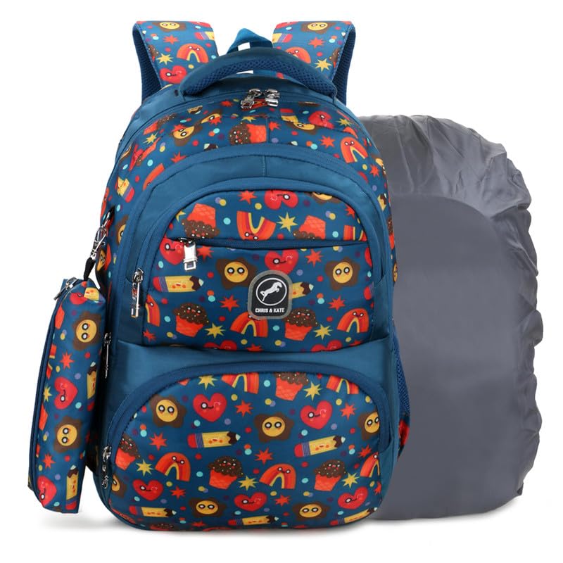 Image of Chris & Kate Premium 32 L Multi-Print School Bag for Boys Girls and Kids Spacious Interiors Casual Backpack Perfect for School, College, Everyday Use Includes Free Stationery Pouch and Rain Dust Cover