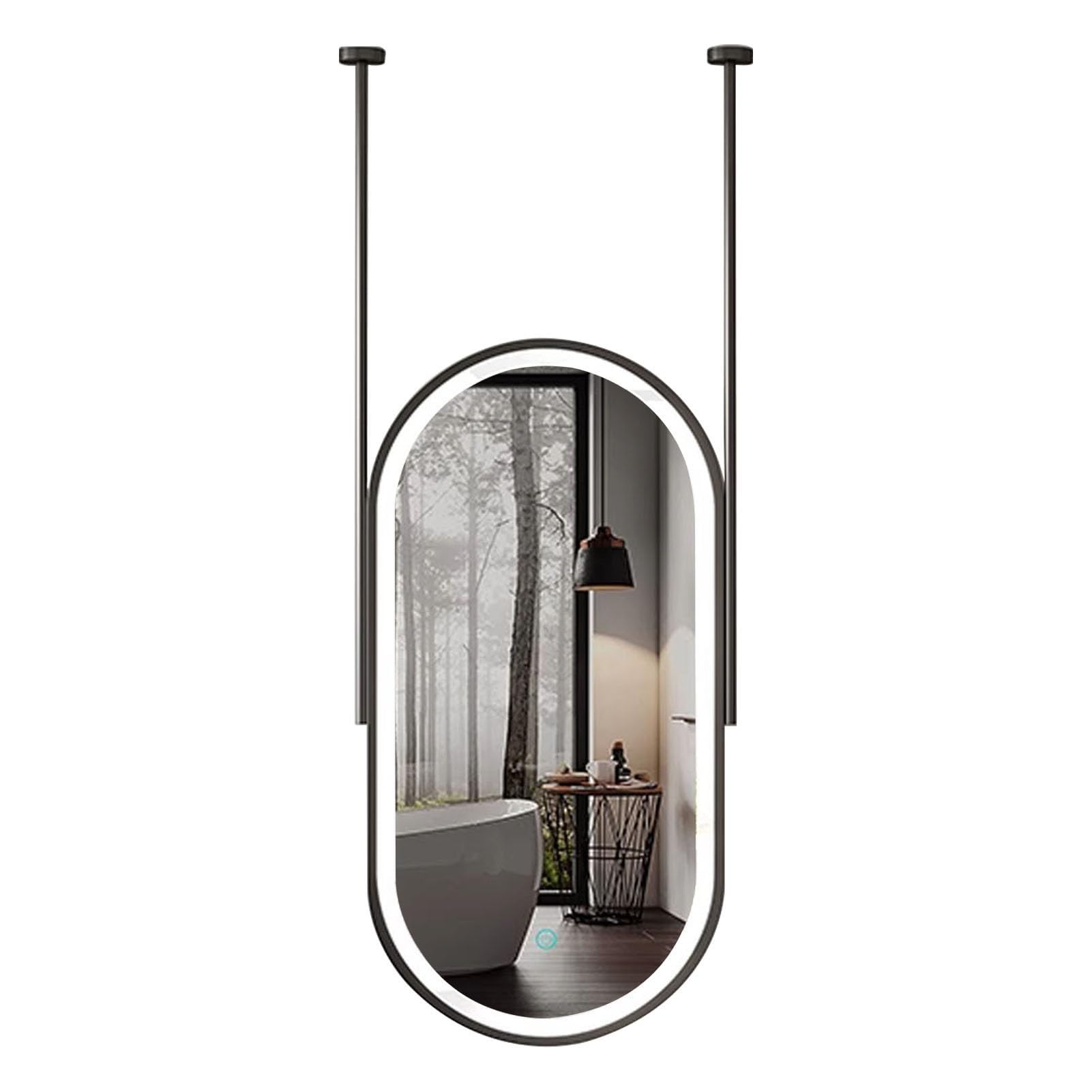 QICBYING Ceiling Hanging Mirror With LED Light, Black Metal Framed Illuminated Bathroom Mirrors, 3 Color Dimmable, Oval LED Vanity Mirror For Ceiling Hanging(40 * 70cm)