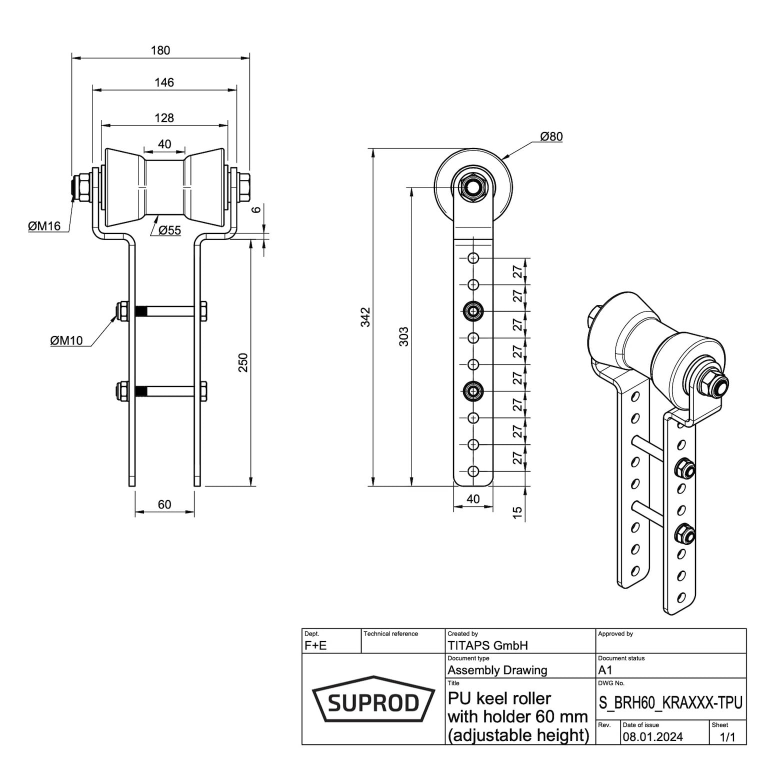 SUPROD Polyurethan Kielrolle mit Halter H höhenverstellbar Bootstrailer Sliphilfe verzinkt 130/60 mm