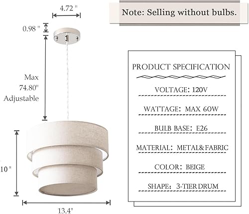 Miniatura 7 de Candelabro de tambor de lino de 3 niveles, lámpara colgante de techo moderna E26, lámpara colgante redonda ajustable para dormitorio, sala de estar,