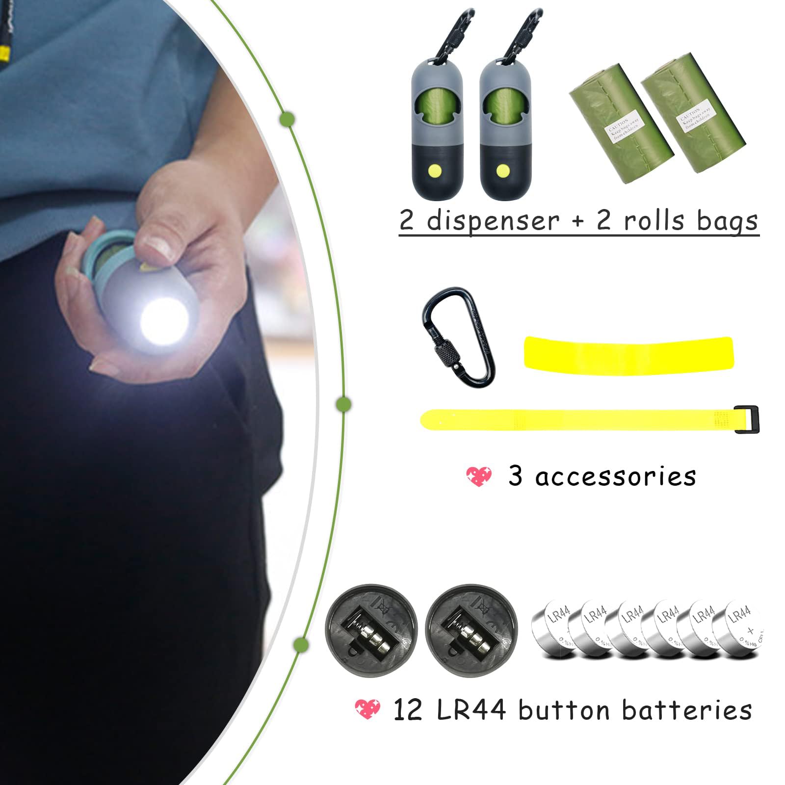 Paquete de 2 bolsas de excrementos de perro con linterna soporte para bolsa de excrementos de perro con bolsas perfumadas verdes para caminar de perros (gris, 2 dispensadores, 60 bolsas)