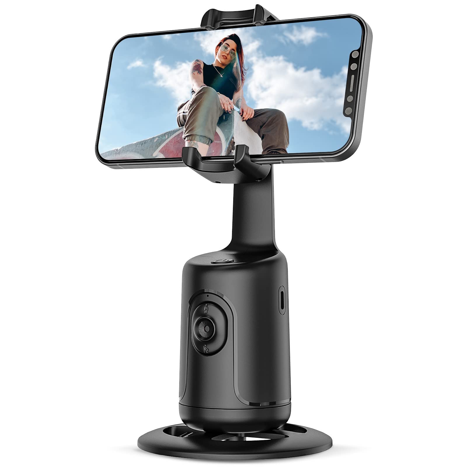 XVersion Auto Face Tracking Tripod Mount, 360 Rotation Phone Camera Mount Stabalizer, Battery Operated Smart Shooting Holder for Live Vlog Tutorial - Black