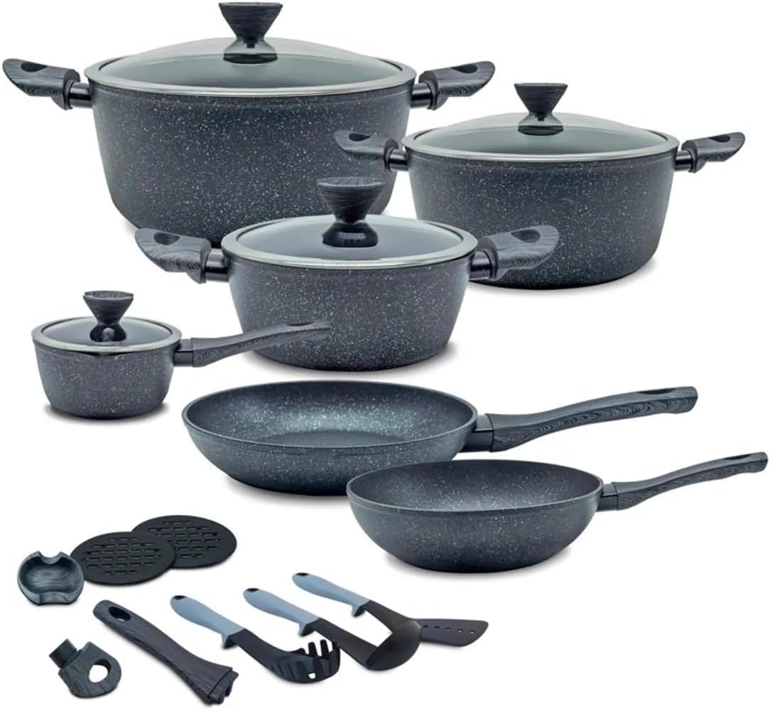Avilia Set 18 Pezzi di Pentole Antiaderenti in Alluminio Forgiato con Rivestimenti in Ruvido Marmo - Adatti ad Ogni Piano Cottura, incluso Induzione - Batteria di Pentole 18pz con Manici in Bachelite