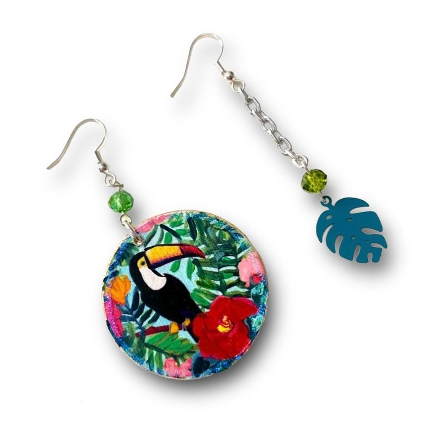 Pendientes pintados a mano - DETALLES TROPICALES, TUCÁN Y MONSTERA - Pendientes de mujer, Joyas pintadas a mano, Gancho de plata, Made in Italy, Elaboración artesanal