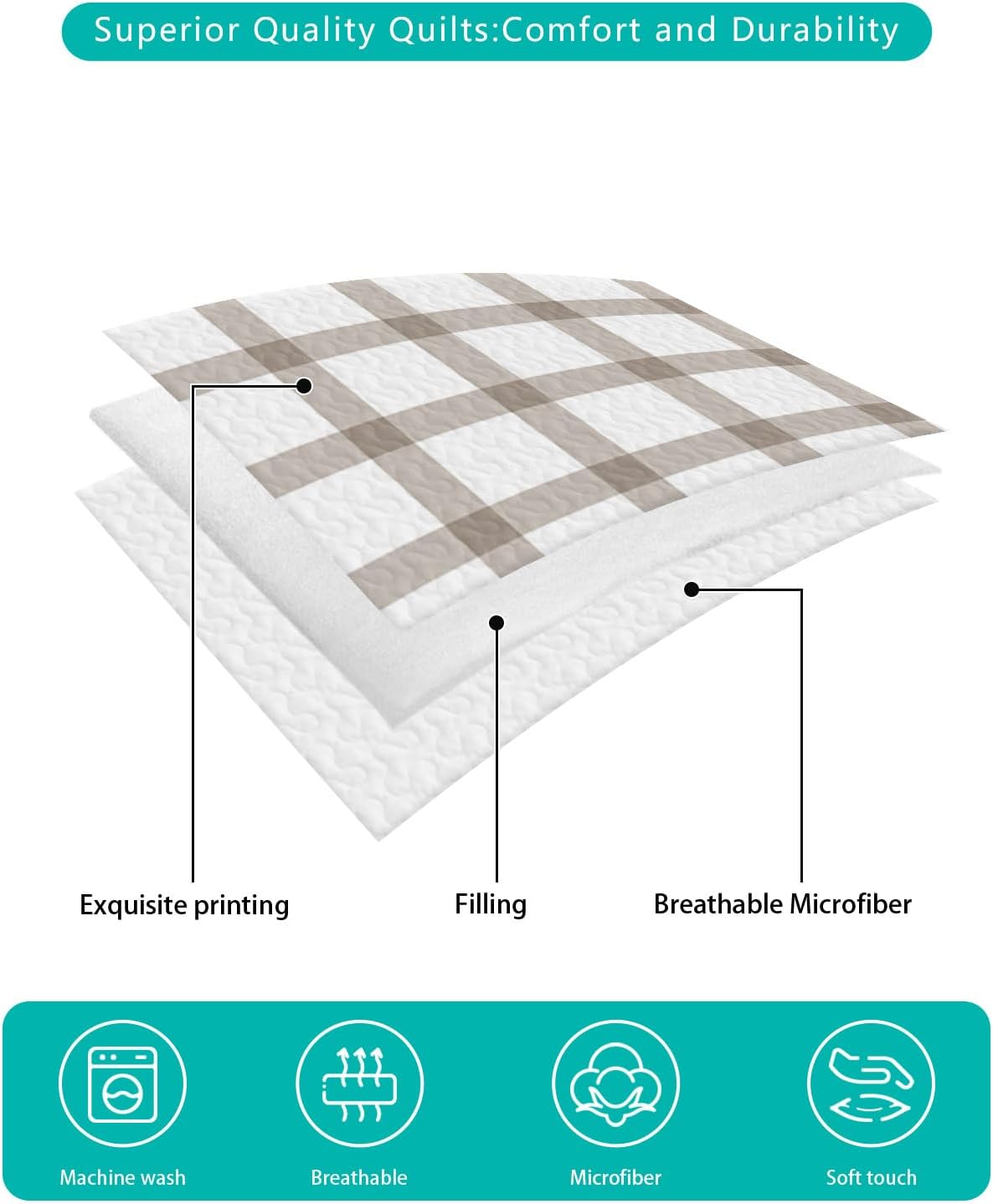 Twin XL Size Quilt Set, Light Brown Plaid Lightweight Bedspread Coverlet Set Soft Microfiber Summer Quilt with 2 Pillow Shams, Farm Country Theme 3 Piece Comforter Bedding Set