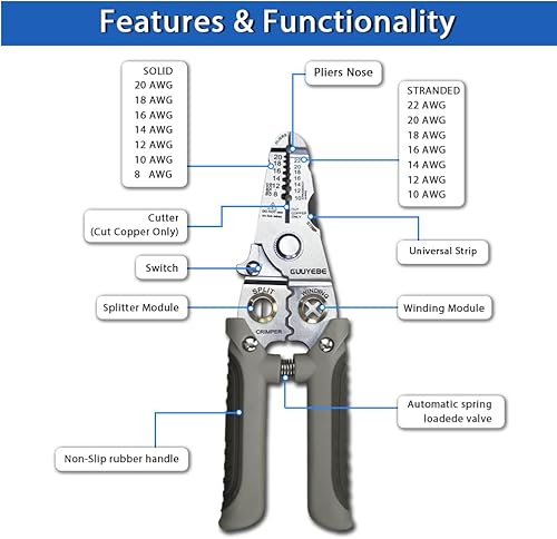 Miniatura 4 de Pelacables, pelacables multifuncionales, eléctricos con cortes de 8, 10, 12, 14, 16, 18, 20, 22 AWG, alicates de corte, divisor de cables,