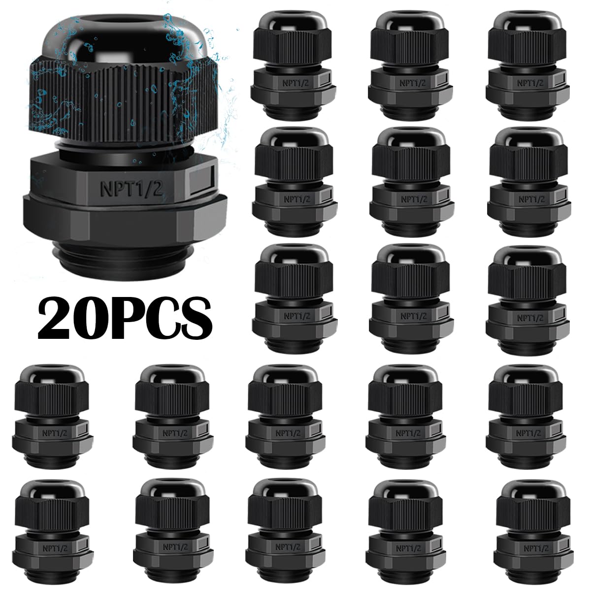 maierke 20PCS 1/2” NPT Cord Grip Cable Glands Kit,Cable Gland Waterproof Adjustable Nylon Strain Relief Cord Connectors Black With Gaskets