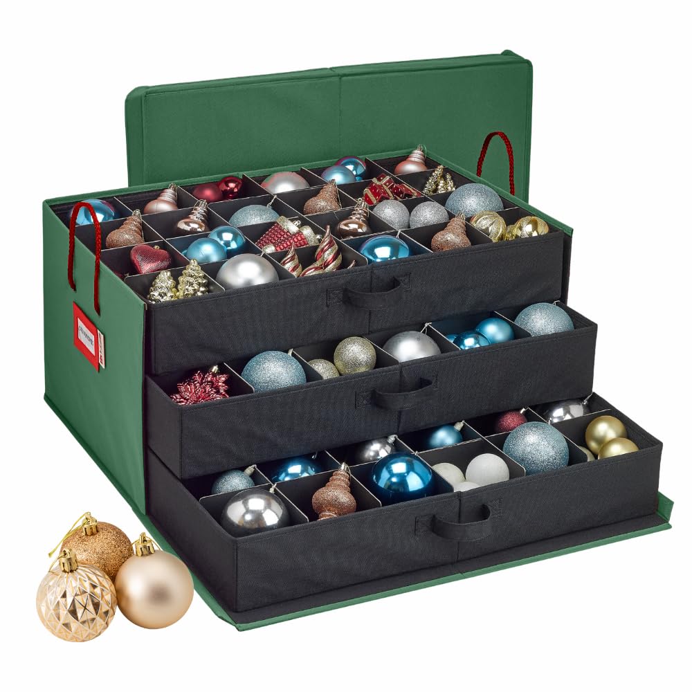 HOLDN’ STORAGE Christmas Ornament Storage Box with Dividers, Holds Up to 72 Ornaments (4 Inches), Large Organizer with 3 Stackable Trays - Green