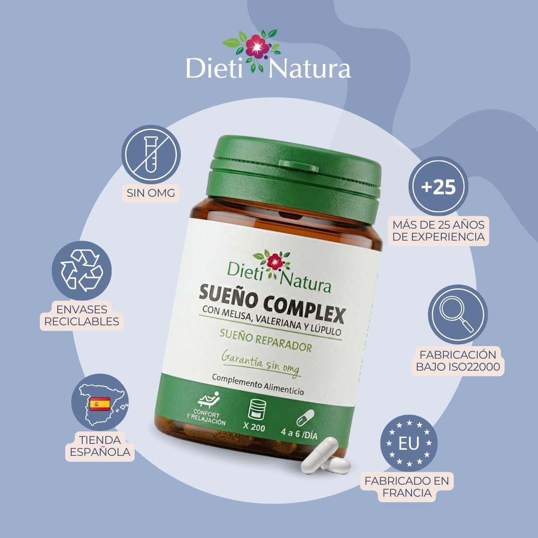 Dieti Natura Sueño Complex 200 Cápsulas de Origen Vegetal (Pack de 3) - Con Valeriana, Escholtzia, Lúpulo y Melisa - Favorece el Sueño y Calma el Sistema Nervioso - Garantía Sin OGM