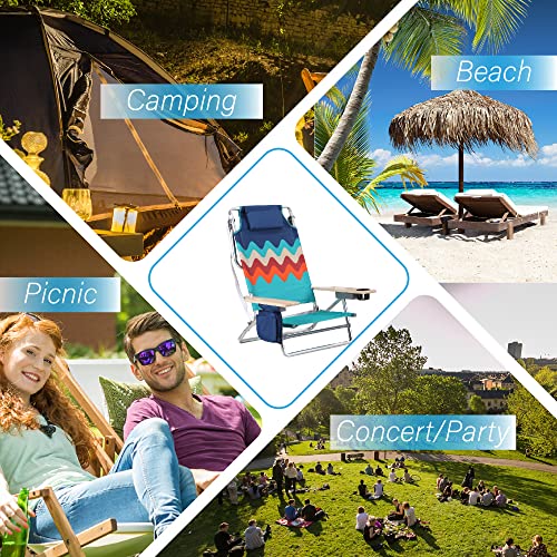 Green Party 2 Pcs Aluminum Beach Chair 5 Positions Portable Folding Reclining Chair With Cooler Bag, Tower Bar, Cup Holder, Pocket, Armrest For Sand,Sunbathing, Camping, Lawn, Support 250Lbs, Blue #TOP7