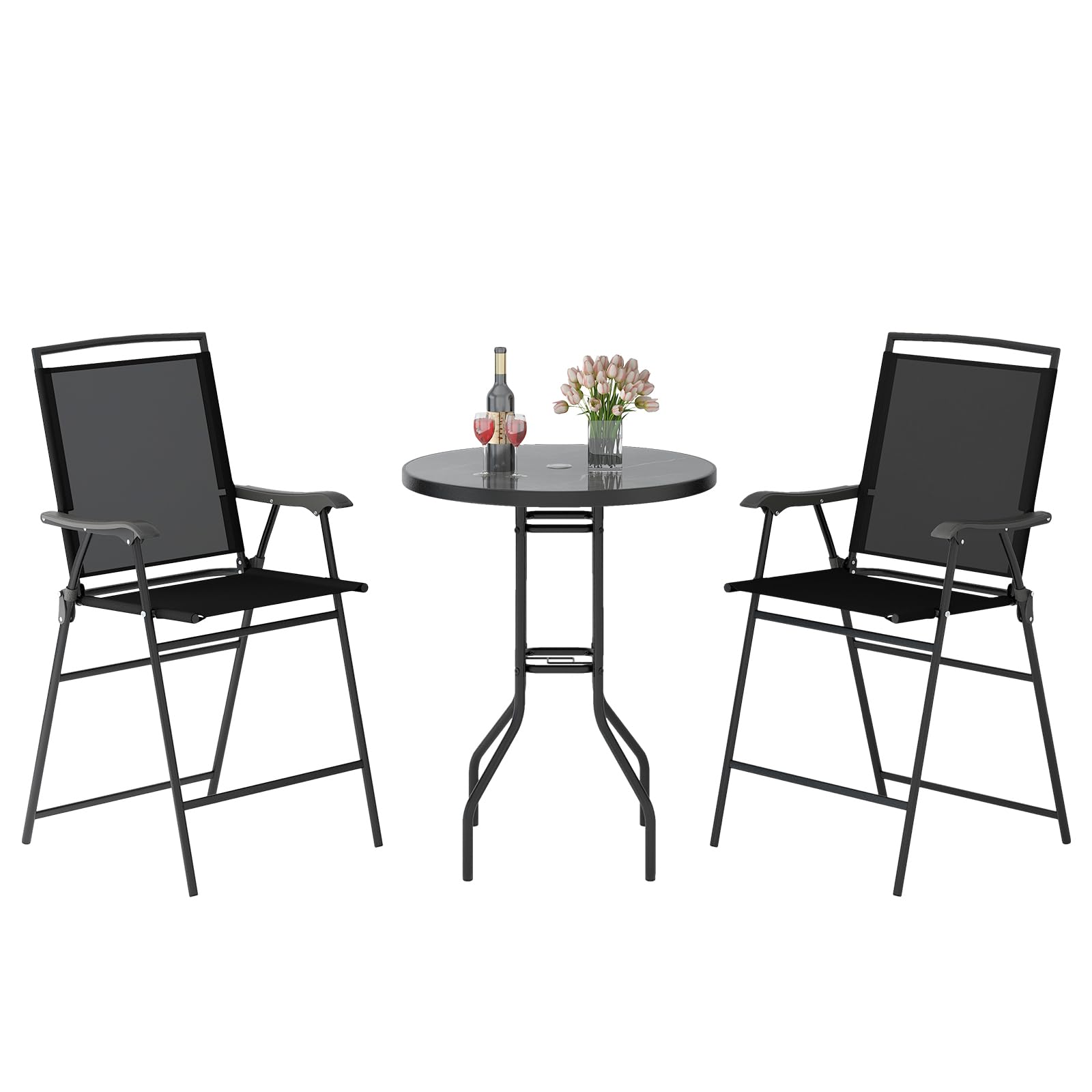 GIANTEX Ensemble Table et Chaise Bar, Mange Debout Extérieur 1 Table Haute en DPC 2 Chaises Bar Pliantes, Trou de Parasol de 42 mm, Ensemble Bistrot pour Jardin, Patio, Balcon, Noir