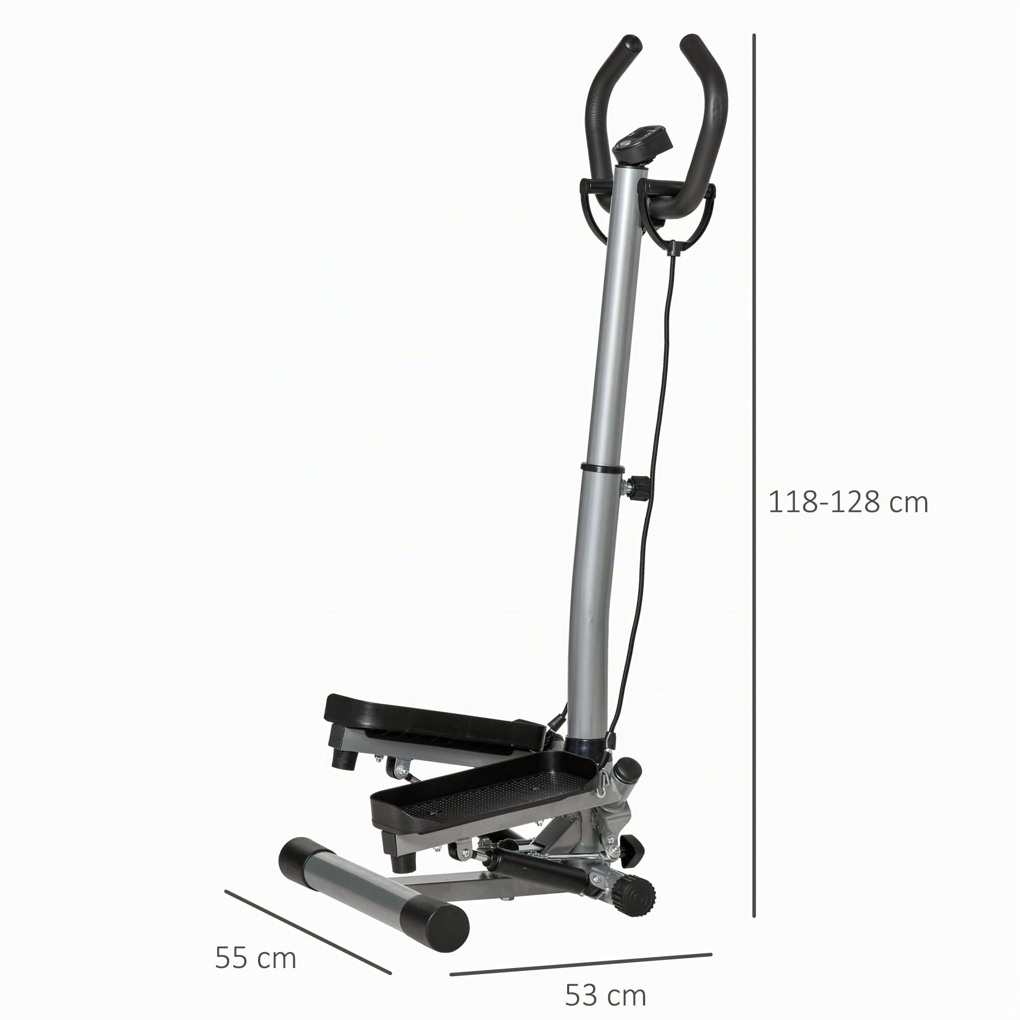 HOMCOM Máquina de Step Stepper Fitness con Manillar Altura Ajustable Pantalla LCD Cintas y Pedales Antideslizantes Equipo de Ejercicio para Gimnasio en Casa 55x53x118-128 cm