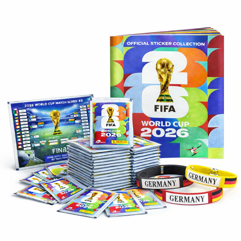 Set Starter XXL – Figurine Panini Coppa del Mondo 2026 con 1 Album & Figurine – 1 Calendario Partite Coppa del Mondo 2026 & 3 Braccialetti Germania (1 Confezione/Set 13 Pezzi) Bundle privata