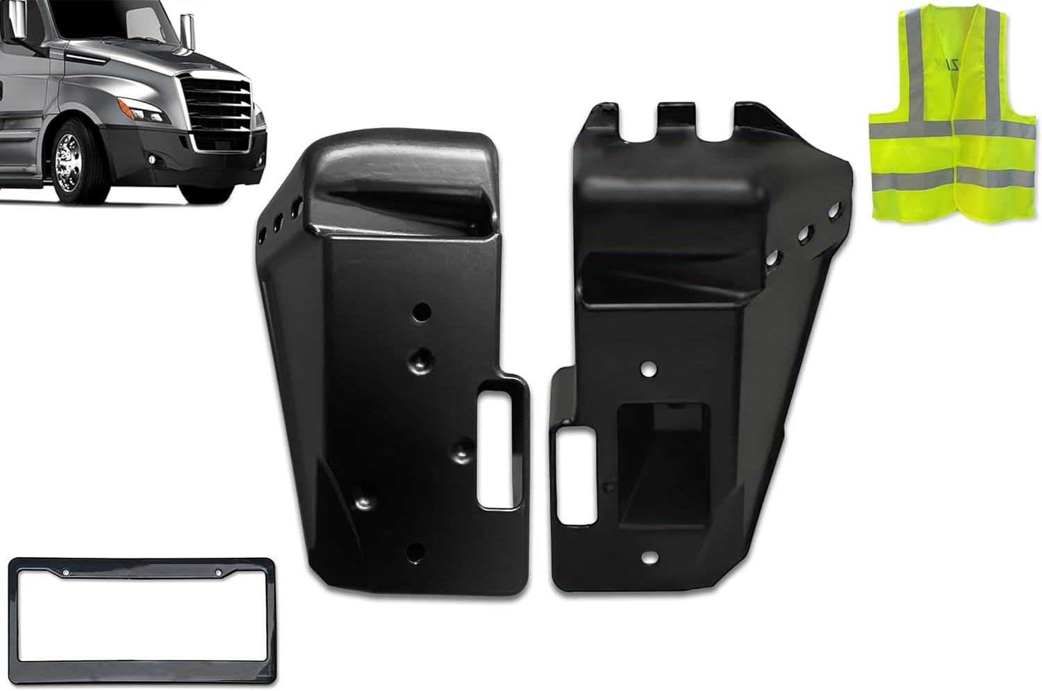 KOZAK Bumper Mounting Bracket (Driver Left & Passenger Right Side) Metal Compatible with Freightliner Cascadia 2018 & UP Plus Logo, License Plate Frame and Vest