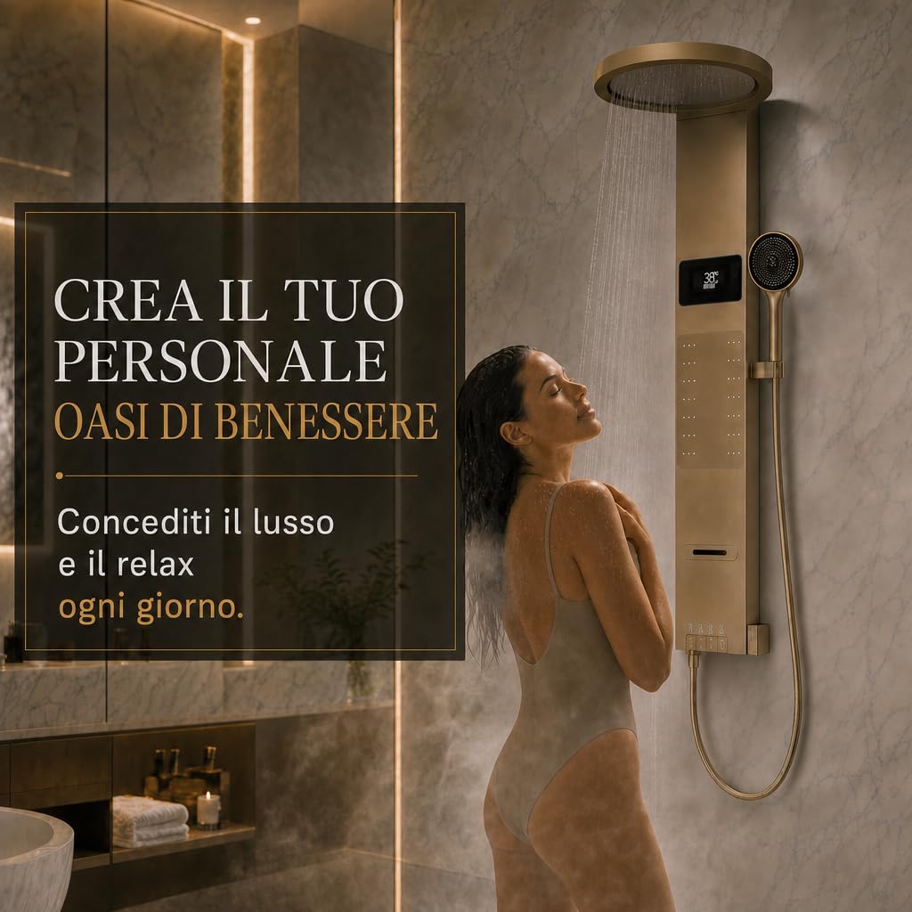 INEX EUROPA Pannello doccia termostatico di lusso color oro - Colonna doccia idromassaggio con 10 anni di garanzia e 4 modalità di funzionamento - Torre doccia alta 105 cm, collezione Daytona
