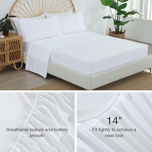 Miniatura 7 de Holawakaka Juego de edredón con volantes blancos tamaño Queen, juego de ropa de cama ligero con volantes de granja, vintage, ultra suave, esponjoso,