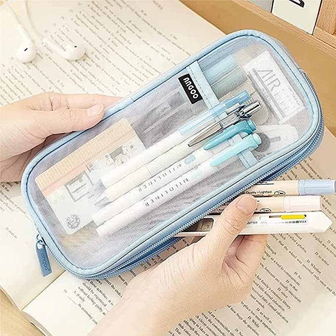 Mincer Durable Storage Multiple Compartment Double Zipper Portable Capacity Pencil Net Pouch | Study Pencil Pouch Mesh Transparent Case (Pack of 1) (Blue) 2