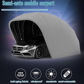 Semi-Automatic Foldable Carport, Heavy Duty Stainless Steel Retractable Car Awning, Durable Car Cover Shelter, Mobile Folding Garage, Folding Car Port, Portable Outdoor Car Tent,Green