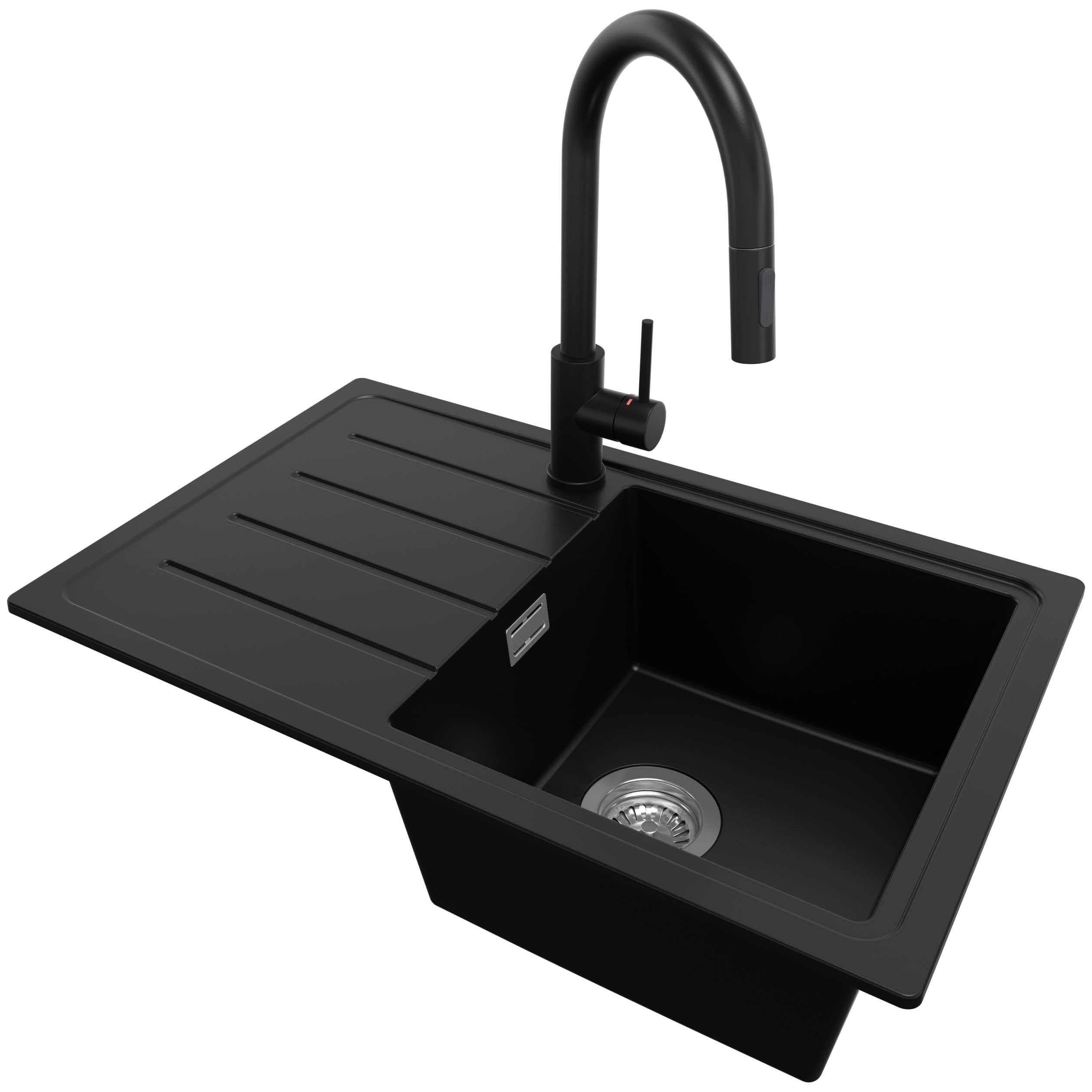 PRIMAGRAN Granitspüle Schwarz - Kopenhagen Easy, 70x44cm | Spülbecken 1 Becken + Küchenarmatur 40x20cm + Zuberhor-Set, Küchenspüle ab 45er Unterschrank (S053)