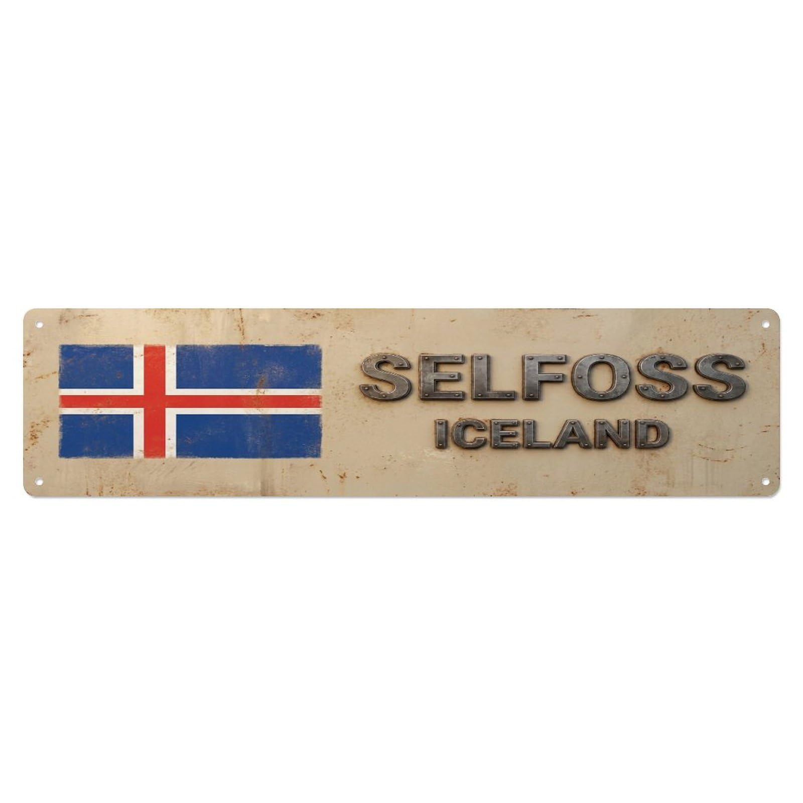 Metal Tin Sign Vintage Selfoss Iceland Flag Decor Rustic Travel