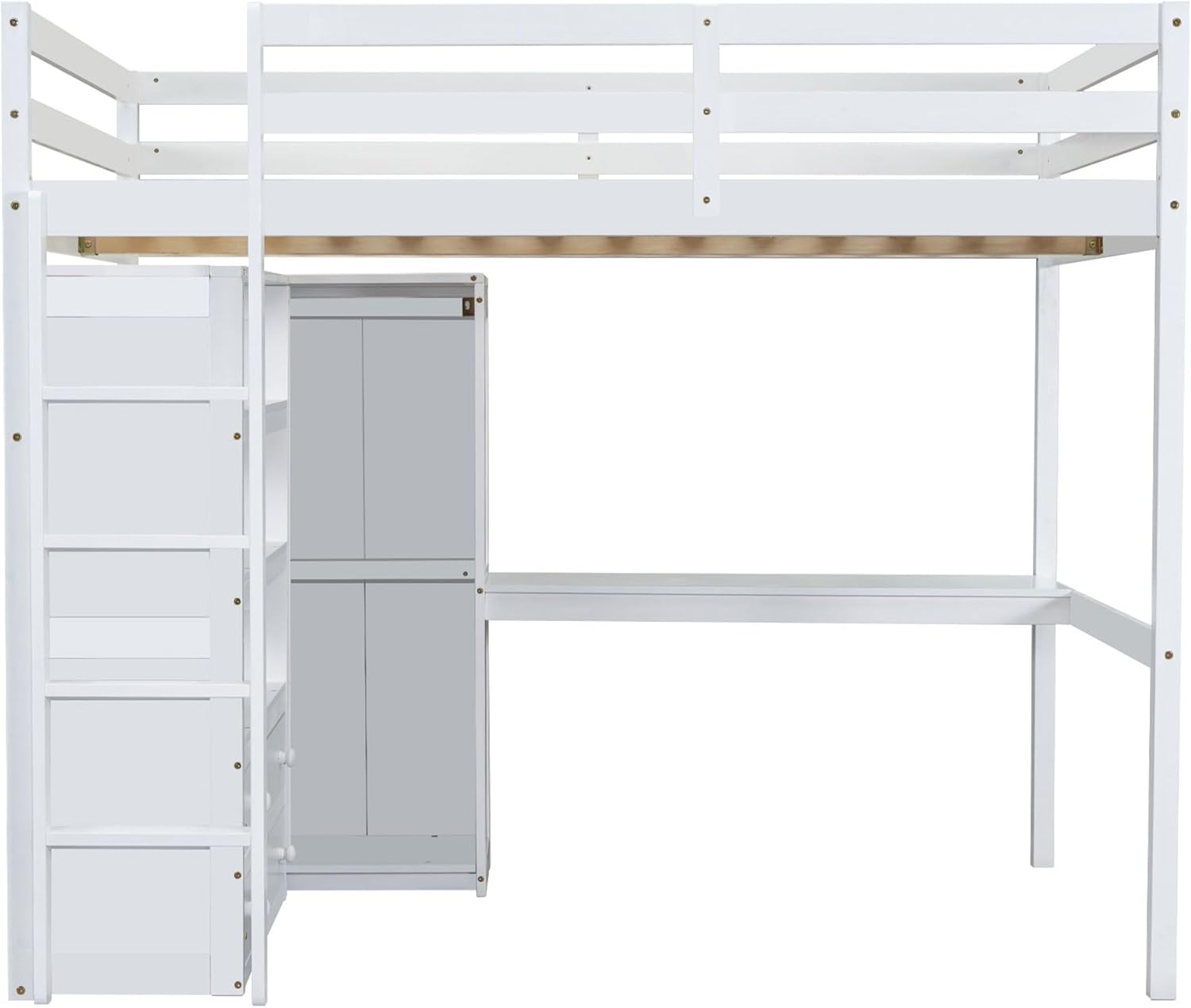 Full Size Loft Bed Frame with Built-in Wardrobe, Desk, Storage Shelves and Drawers, Multifunctional Wood Loft Bed with Desk & Stairway for Kids Boys Girls Teens (White)