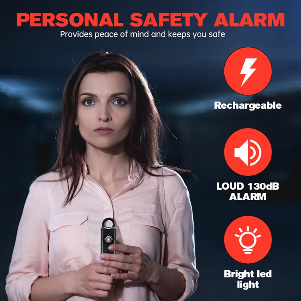 Alarma de seguridad personal recargable, llavero de 130 dB con luz intermitente SOS, peso ligero de 28 g, más de 500 días de espera, alerta fuerte para niñas, niños, ancianos (azul)