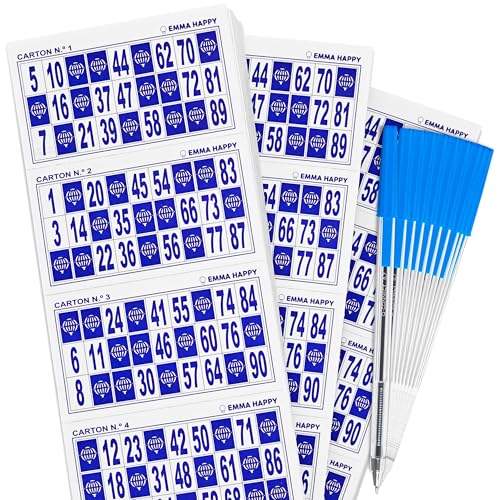 Cartons de bingo bleus 90 boules : 1800 grilles de loto traditionnel et stylos pour association