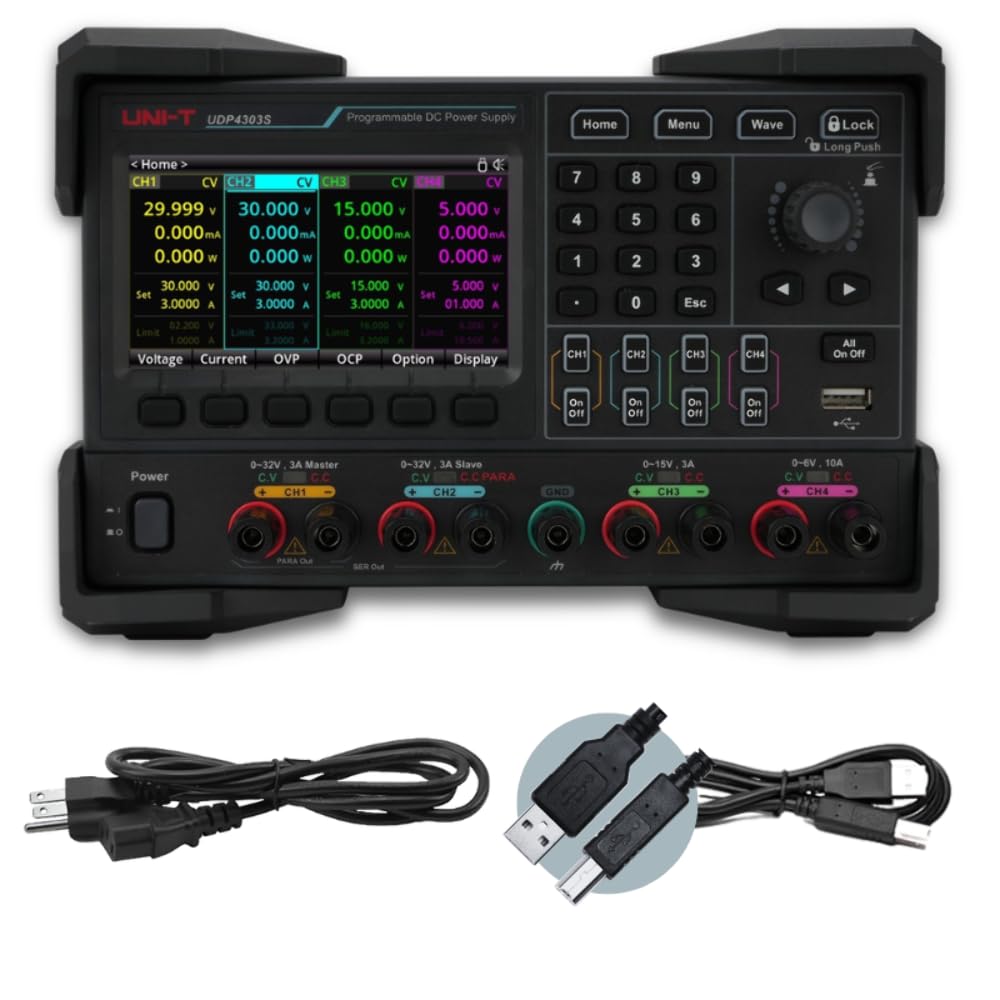 UNI-T UDP4303S Fuente de alimentación CC lineal programable | 4 canales, 297 W de potencia total, CH1/CH2: 0-32 V/3 A, CH3: 0-15 V/3 A, CH4: 0-6 V/10 A, resolución 1 mV/1 μA, precisión de voltaje <