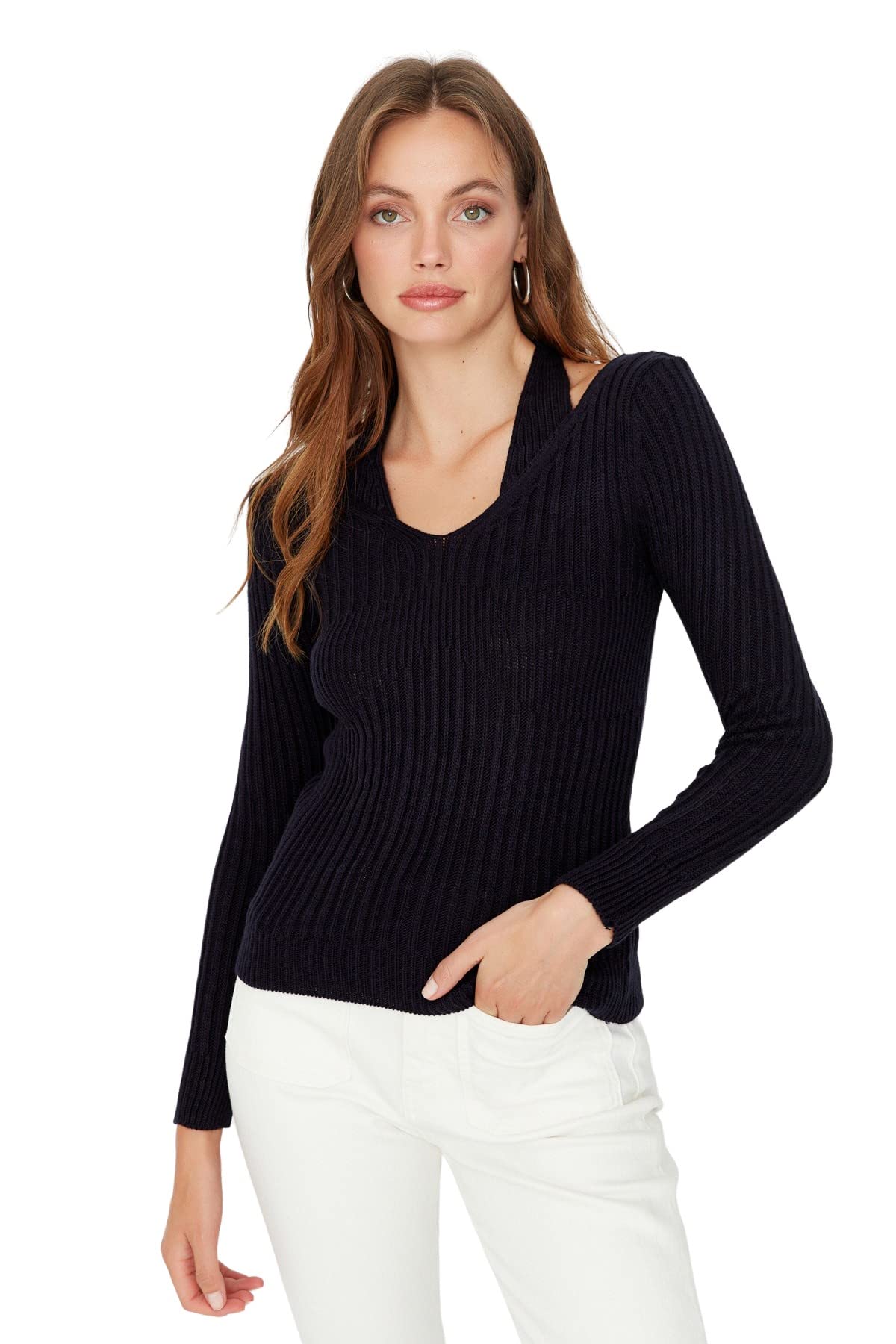 Trendyol Women Slim Basic V Neck Knitwear Sweater Navy Blue