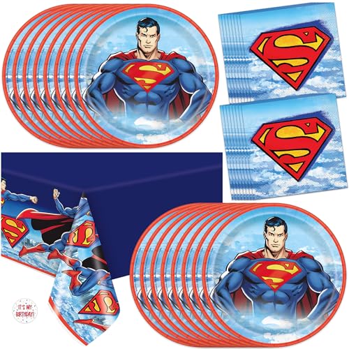 Superman Birthday Decorations for Party | Plastic Tablecloth Plates Napkins Sticker | Officially Licensed