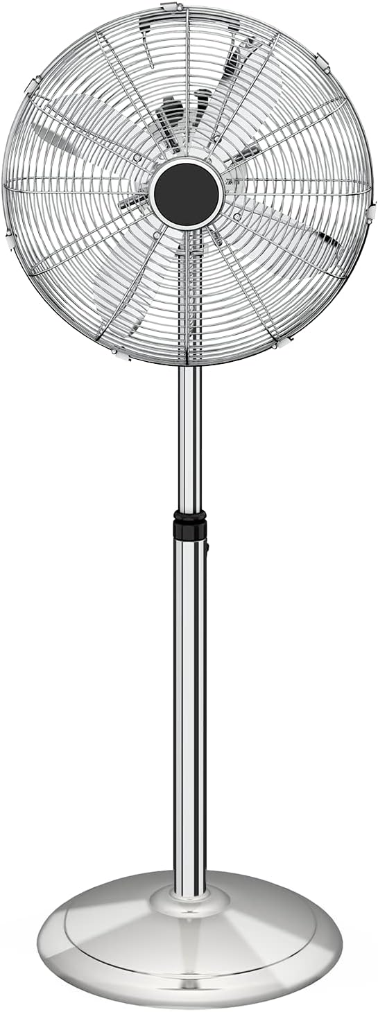 InfiniPower 16" High Velocity Stand Fan, Adjustable Heights, 75°Oscillating, Low Noise, Quality Made Fan with 3 Settings Speeds, Metal for Industrial, Commercial, Residential, Color: Chrome 16" Chrome