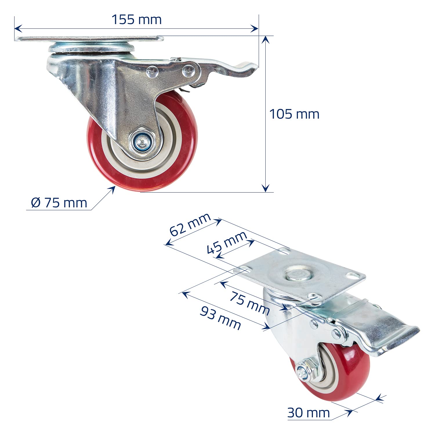 HMF 6710 Roues lourdes avec frein en polyuréthane | 4 pièces | 75 mm | jusqu'à 400 kg | Rouge