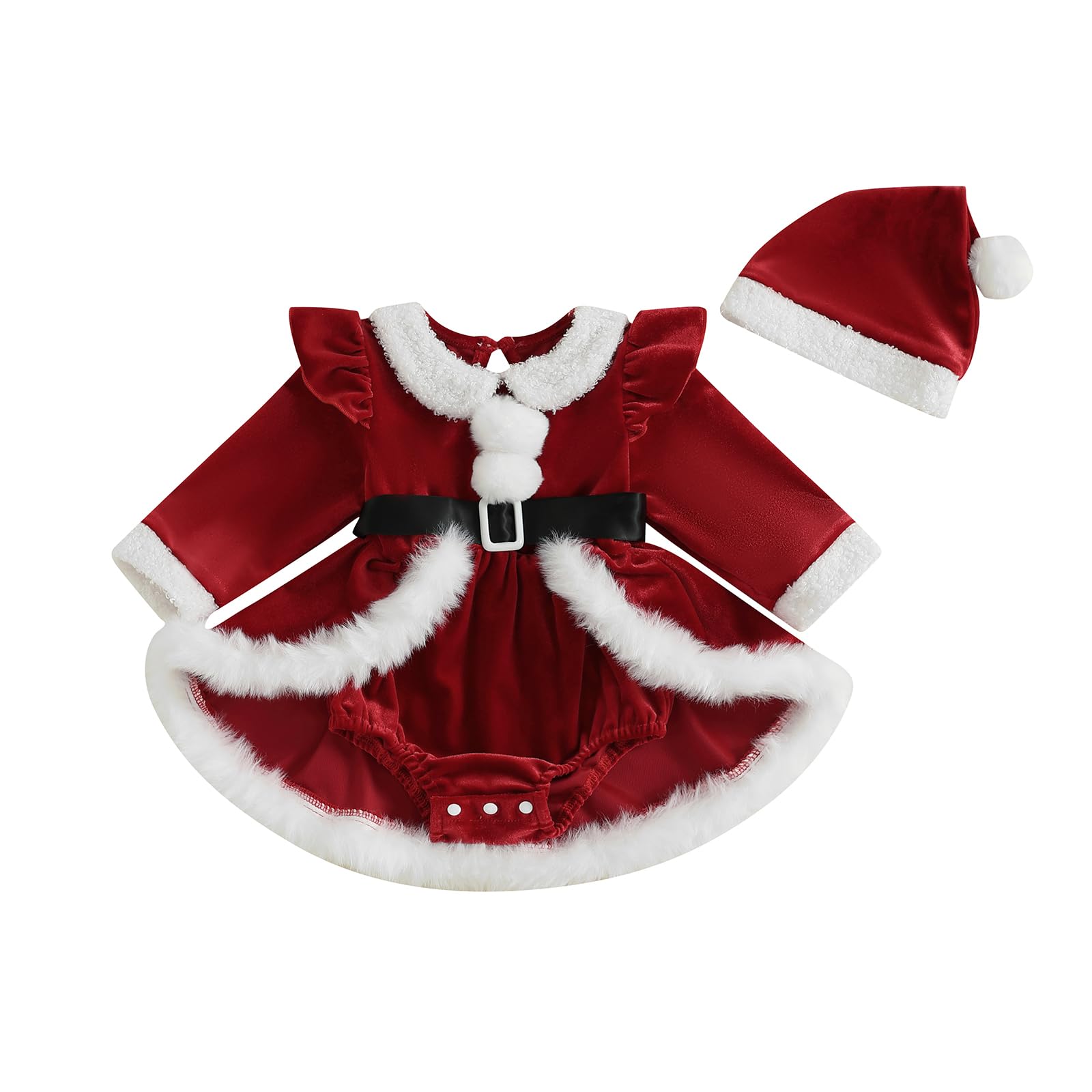 Springcmy Baby Girls Christmas Romper Dress Long Sleeve Terry Trim Red Velvet Jumpsuit with Santa Hat Infant Xmas Outfit (A-Red, 12-18 Months)