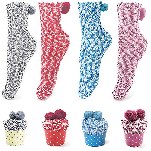Preisvergleich Produktbild MEISHANG 4PCS Cupcakes Socken Flauschige Weihnachtssocken,Kuschelsocken Cupcake,Flauschige Wintersocken Mit Geschenkbox,Socken Cupcake Damen,Geschenk Für Frauen Kuschelsocken Damen (Color / D)