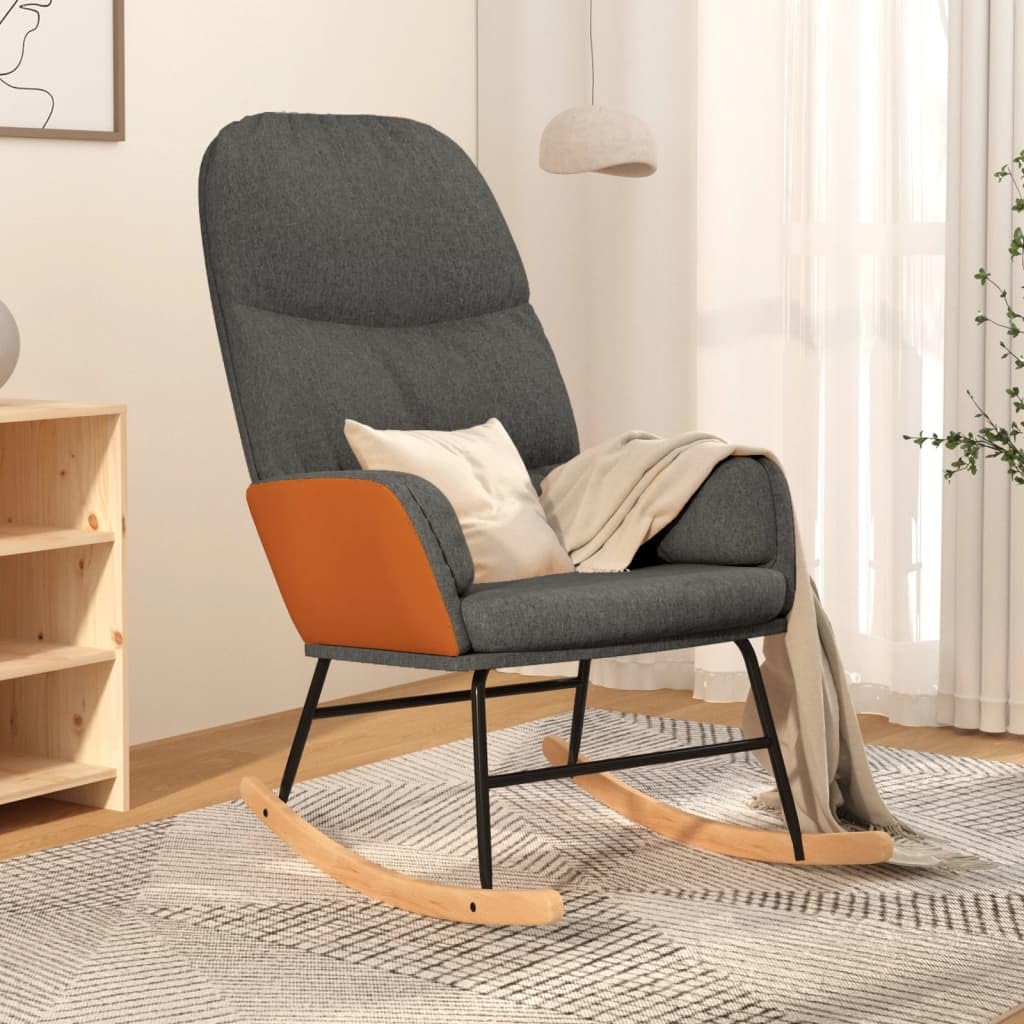 Schaukelstuhl Dunkelgrau, Relaxsessel mit Polsterung aus Stoff und Kunstleder, Wippstuhl mit Gestell aus Massivholz und Metall für Wohnzimmer und Schlafzimmer, 70x79x105 cm