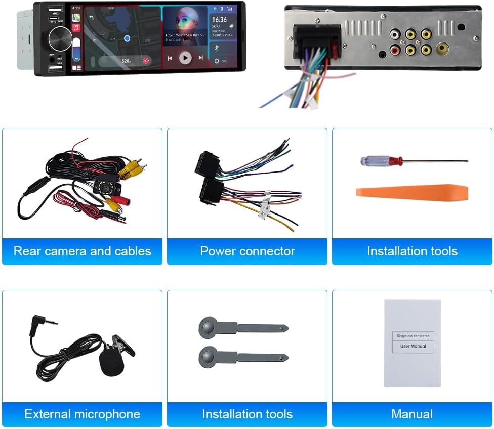 Single Din Car Stereo with CarPlay&Android Auto HD IPS Touchscreen Radio with Bluetooth 5.0, 720P BackupCamera with 6M Cable, Support 2 USB Type-C Charging/USB/Microphone/FM/EQ/GPS/SWC