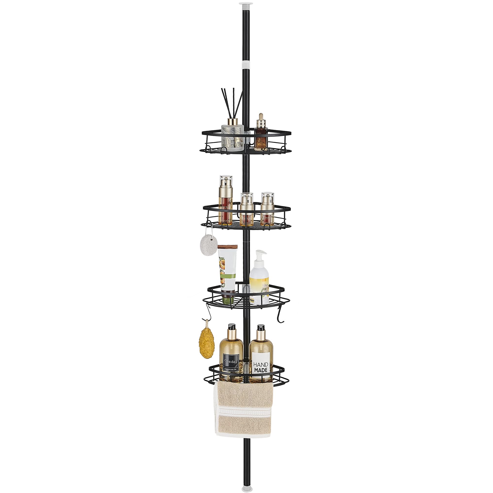 SWOYYU Telescópica Estanteria Baño Sin Taladro Estantería Ducha Esquina Metal Estante Ducha con 4 Cestas para Bañera Altura Ajustable 85-325CM Negro