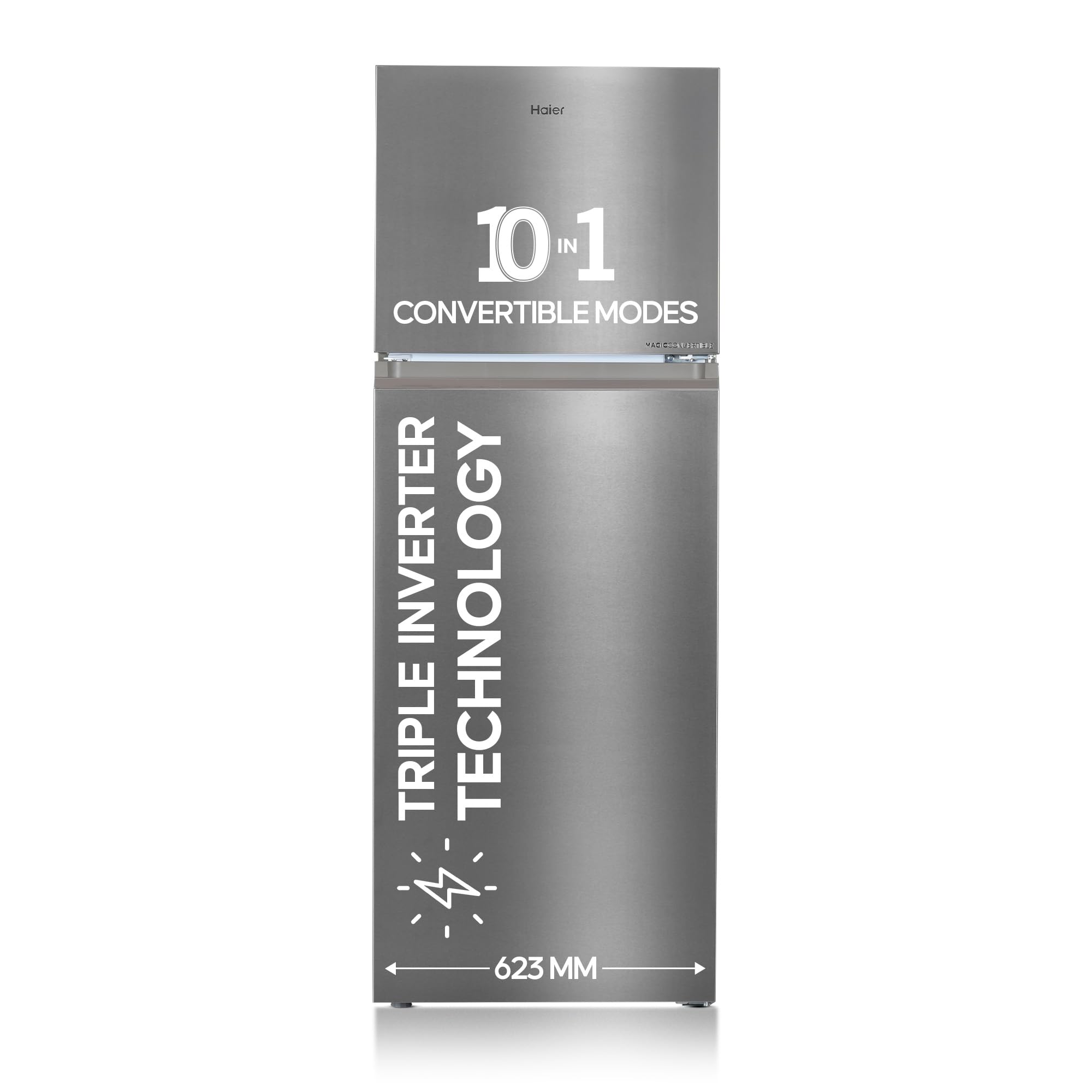Haier 358 L 3 Star Frost Free Top Mount Double Door Refrigerator | Convertible 10-in-1 | Triple Inverter & Fan Motor Technology | Twist Ice Maker (HEF-363TS-P, Inox Steel)