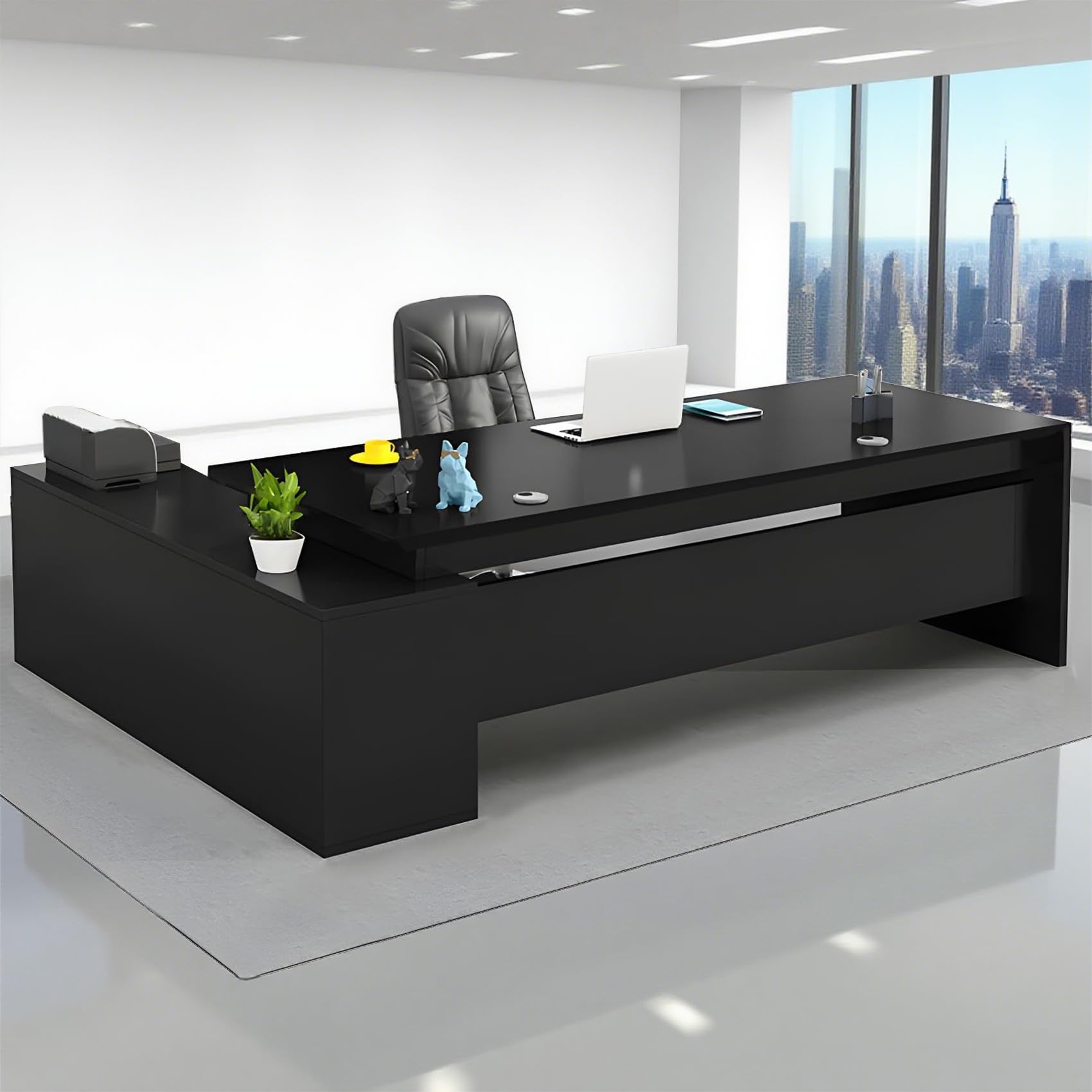 Modern L-Shape Office Desk with Wood Base, Executive Desk Boss Table, Computer Desk Home Office Furniture with Drawers and Storage Shelves (Black, 79" L×32" W / 200×80cm)