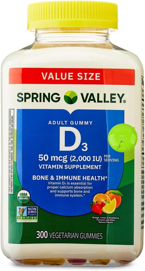 SUREFECT Spring Valley Vitamin D3 50mcg (2000 IU) Gummies - 300 Count - Bone & Immune Support, Mixed Berry Flavor, Vegetarian Organizer.