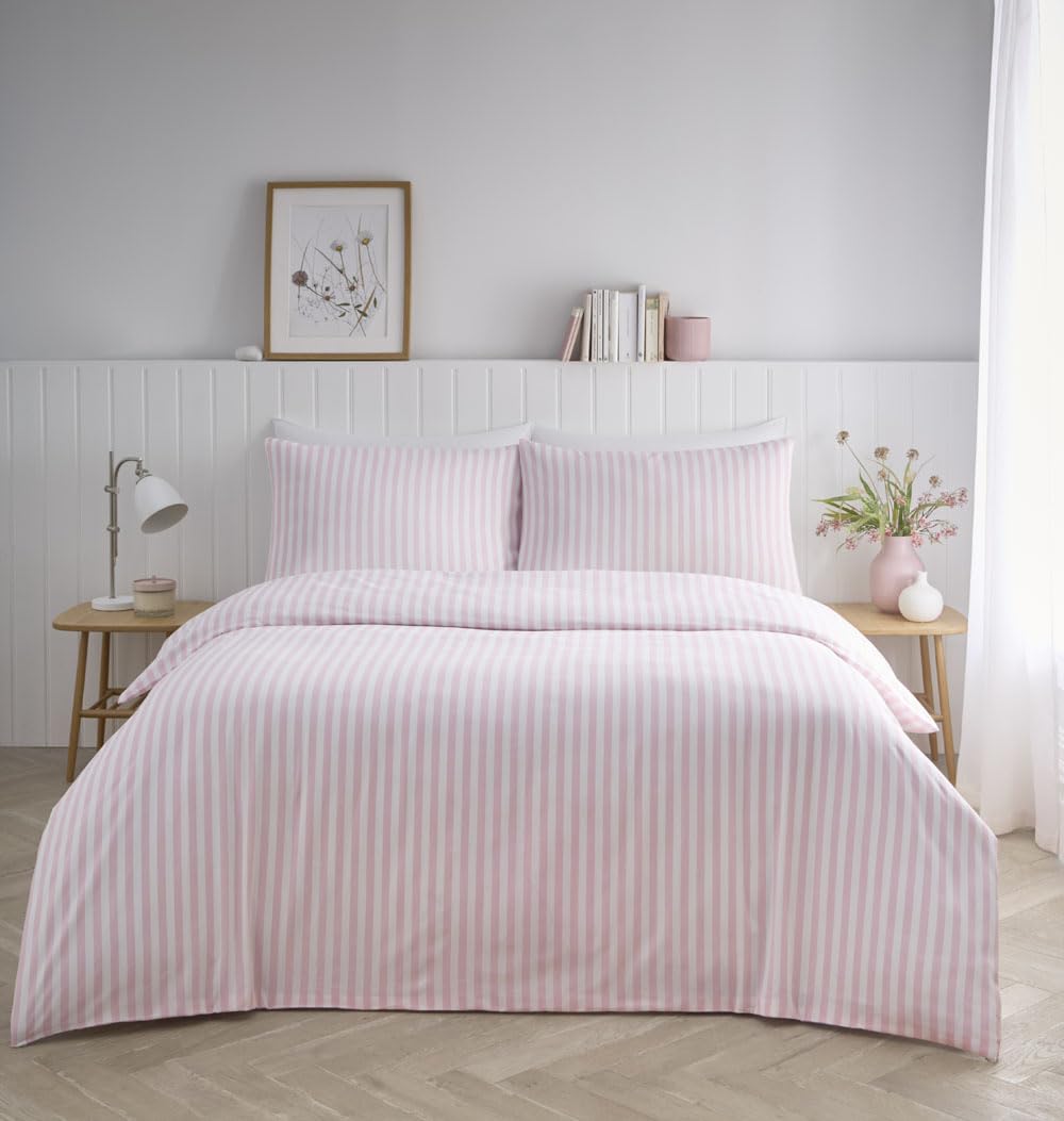 HOMEMAKER BEDDING Stripe Duvet Set, Pastel Colours, Polycotton, Double-Sided Print, with Pillowcases (Pink, Double)