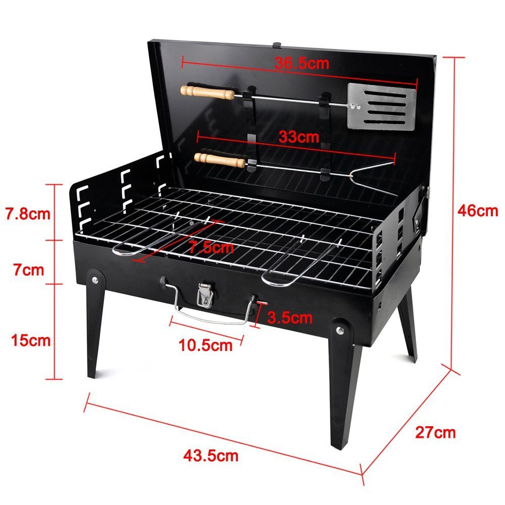 Inditradition Combo Pack Briefcase Charcoal Barbeque Grill With 12 Skewers, Fork, Tong, Oil Brush & Spatula (Metal, Black), Free Standing 4
