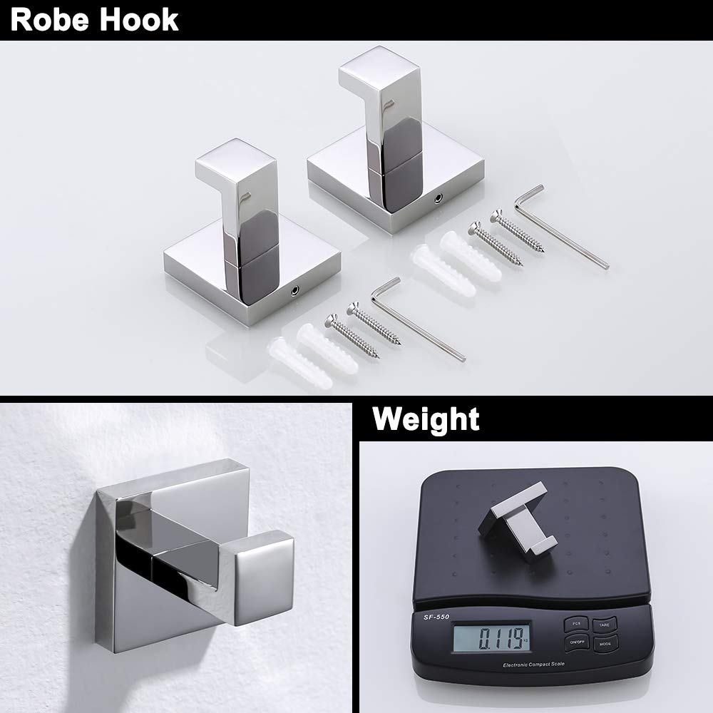 TURS 4 Piezas Baño Accesorio Conjunto de Acero Inoxidable Papel Higiénico Soporte de Papel Higiénico Barra de Toalla/Soporte Robe Gancho Montaje en Pared, Acabado Pulido, Q7X4-P